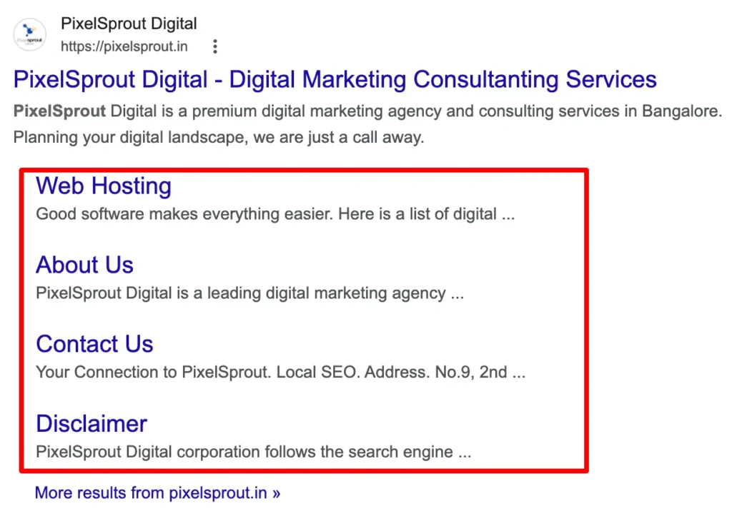 Example of Sitelinks in Google SERP for PixelSprout Digital Agency